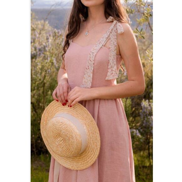 BEDRA Vintage Sz S Small Pale Pink Linen Tie Shoulder Midi Juliet Dress NWT - Picture 13 of 13